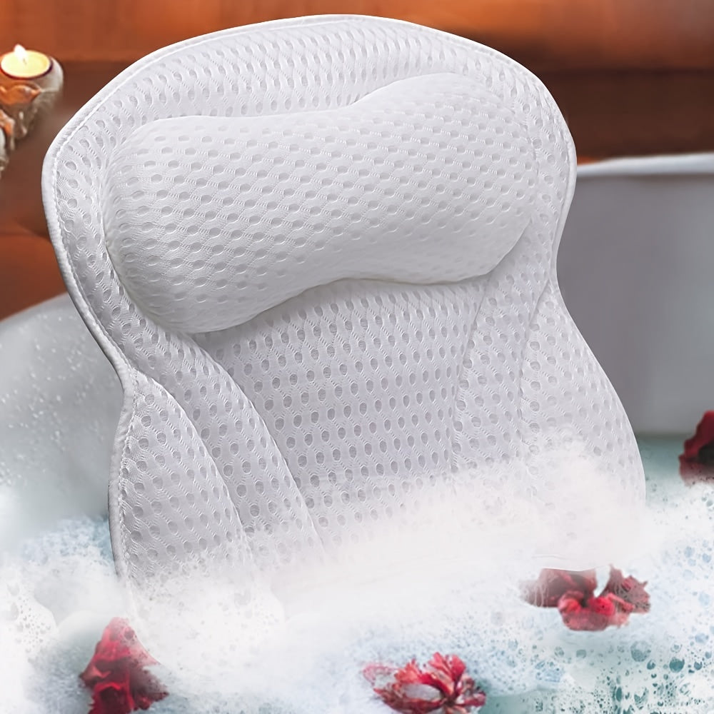 Non-Slip Bath Pillow for Head, Neck, and Back Support - 4D Air Mesh Soft Tub Pillow with 6 Suction Cups - Perfect for Spa Cushion and Tub Use - White